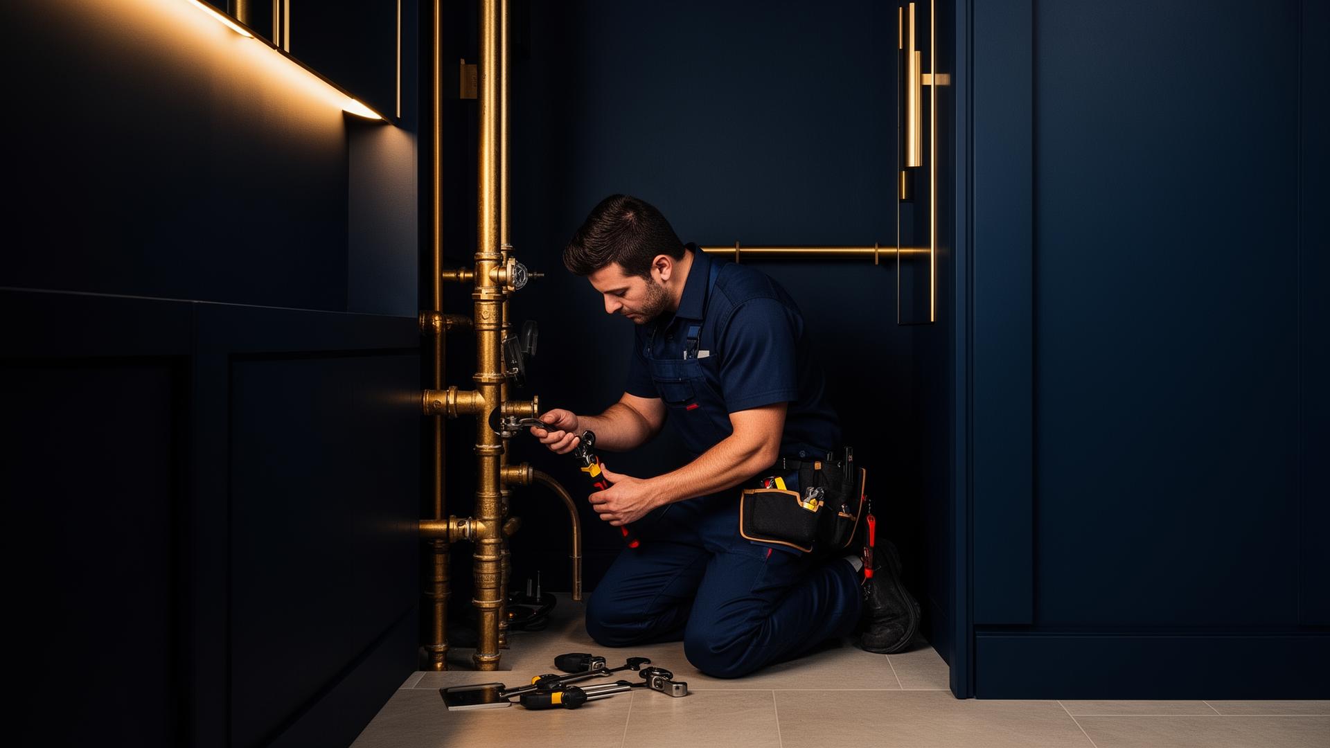 Professional plumber working on pipes in a Pickering home